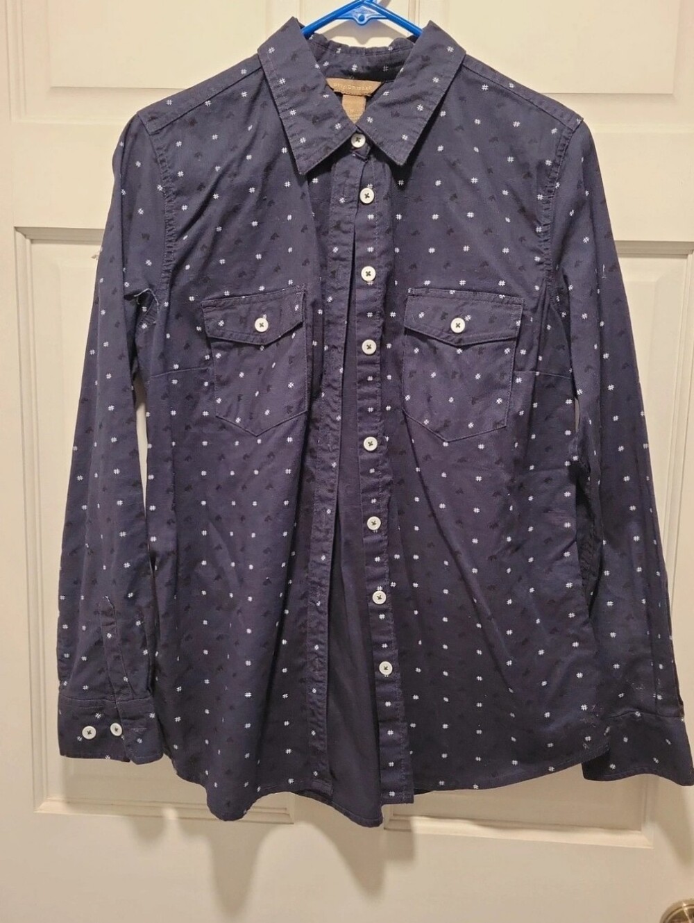 Bit & Bridle Navy Blue Horse Print Button-Down Shirt - Size M (Excellent Conditi